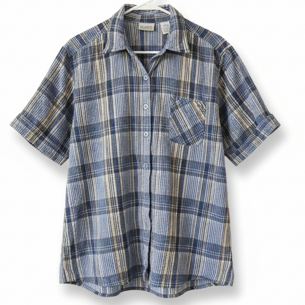 Classic Elements XL Seersucker Plaid Short Sleeve Button Front Shirt